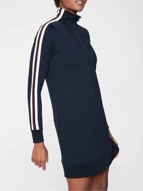 Athleta Navy Circa Track Sweatshirt Dress with White Stripes